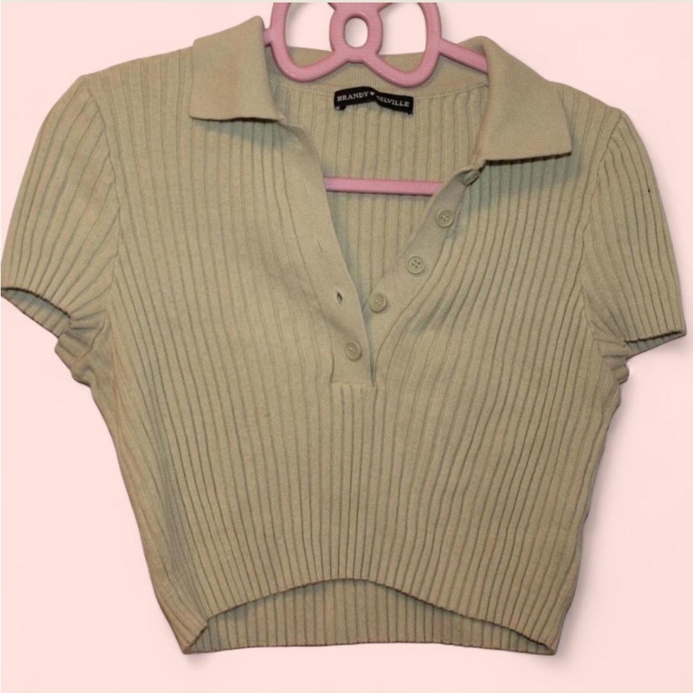 Green Brandy Melville Button Collar Crop Polo